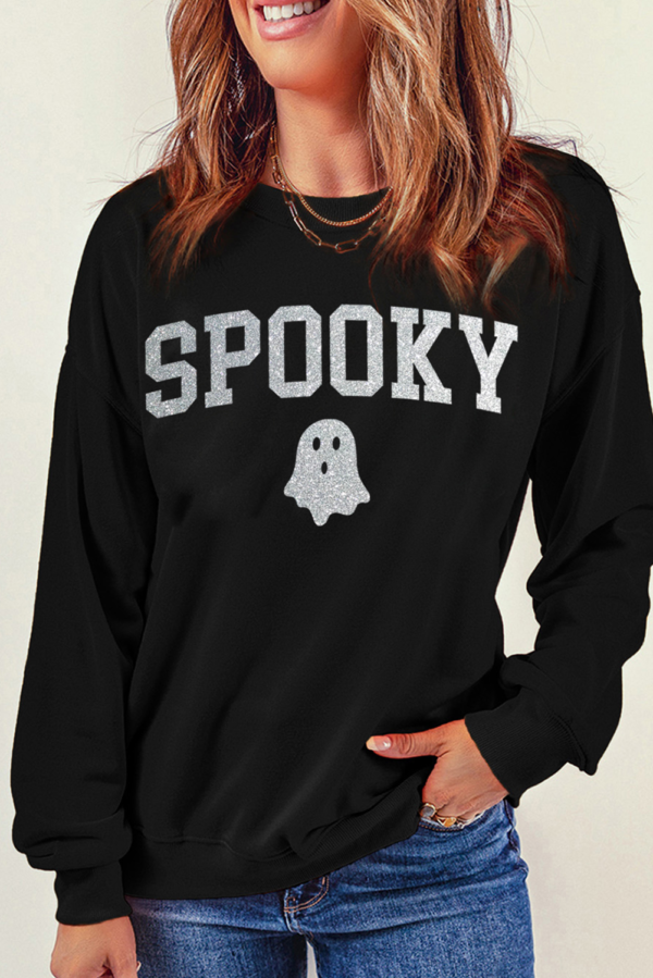 Black Glitter SPOOKY Ghost Pattern Crew Neck Halloween Sweatshirt