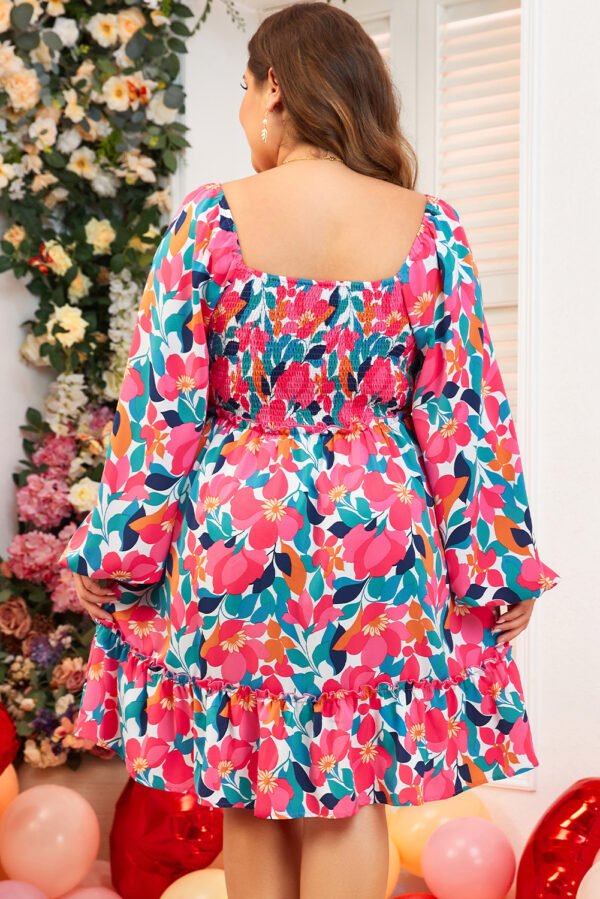 Rose Flower Print Smocked Square Neck Plus Size Dress