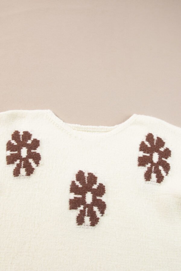 White Colorblock Floral Pattern Round Neck Sweater