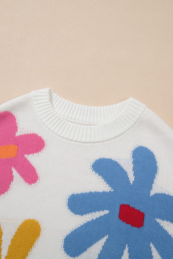 White Colorful Big Flower Pattern Crewneck Sweater