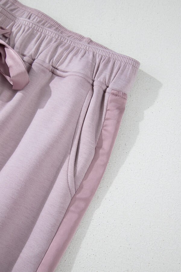 Orchid Petal Drawstring Waist Satin Stripe Patch Straight Leg High Waist Pants