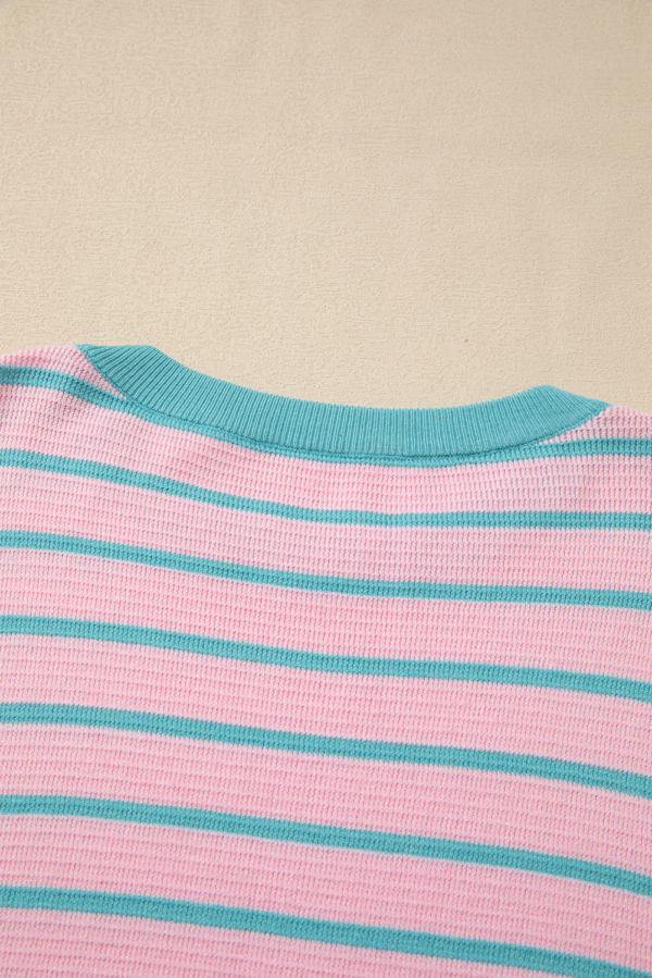 Pink Stripe Trimmed Round Neck Drop Shoulder Loose Sweater