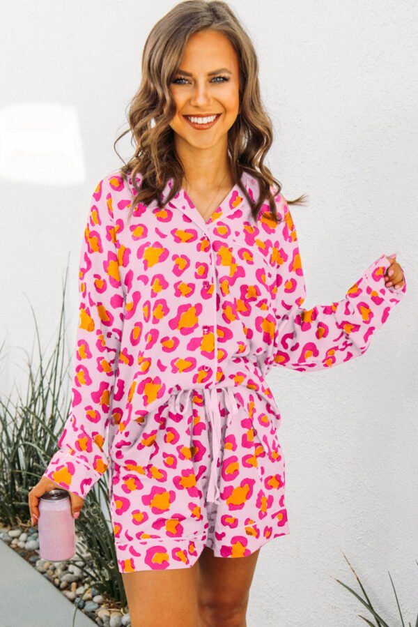 Pink Leopard Print Long Sleeve Shirt and Shorts Pajama Set