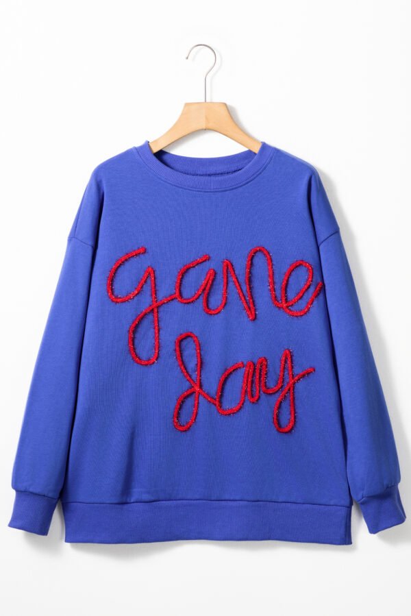 Dark Blue Tinsel Game Day Drop Shoulder Graphic Sweatshirt