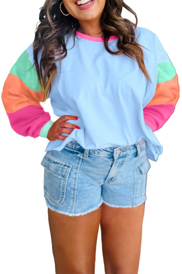 Dark Blue Colorblock Patchwork Long Sleeve Plus Size Top