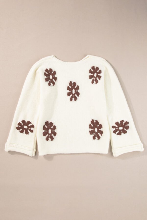 White Colorblock Floral Pattern Round Neck Sweater