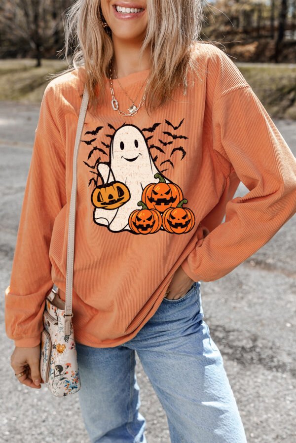 Orange Halloween Ghost Pumpkin Bat Print Corded Pullover Sweatshirt