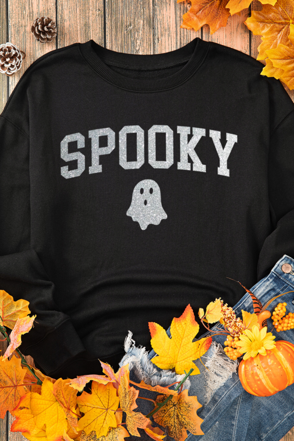 Black Glitter SPOOKY Ghost Pattern Crew Neck Halloween Sweatshirt