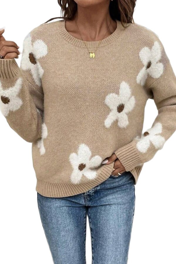 Parchment Flower Pattern Ribbed Trim Crew Neck Sweater