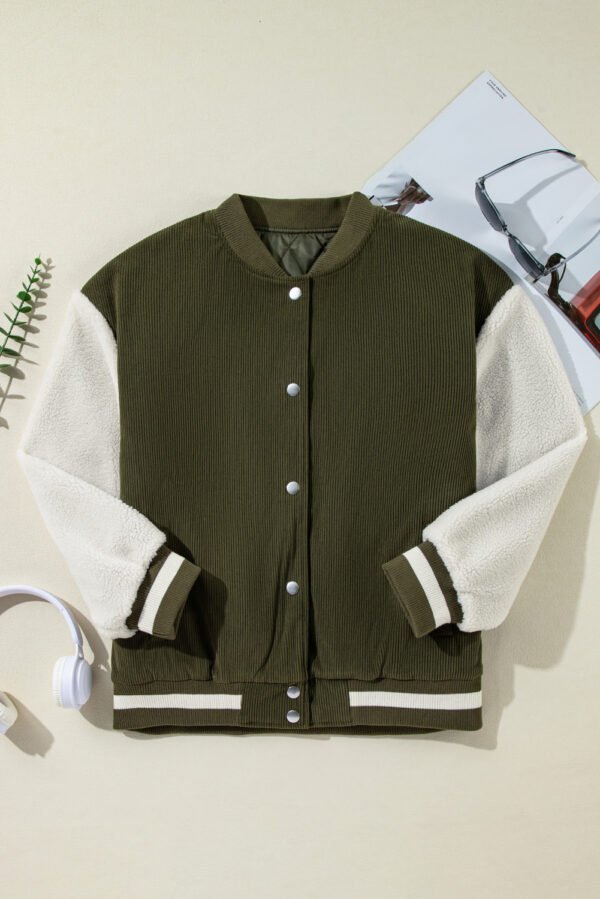 Mist Green Corduroy Fleece Patchwork Buttoned Bomber Jacket