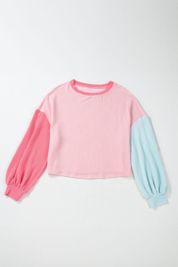 Pink Corded Colorblock Patchwork Drop Shoulder Long Sleeve Top