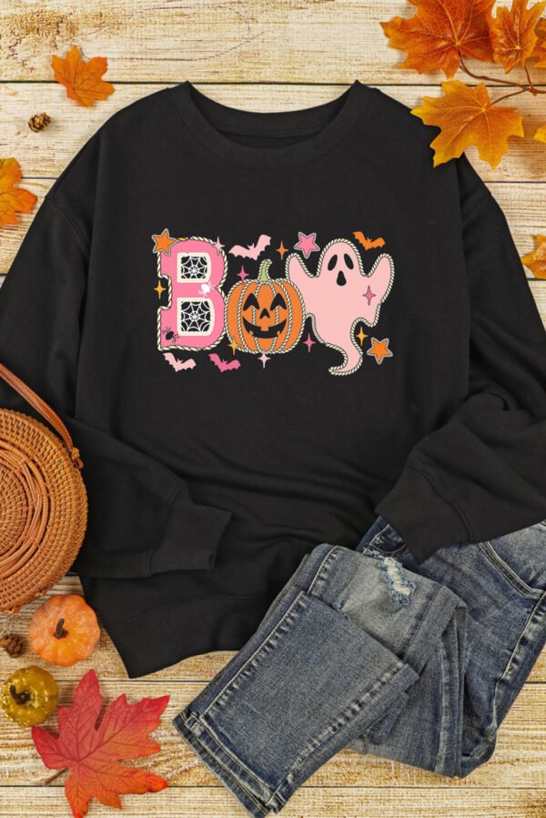 Black BOO Pumpkin Ghost Print Crew Neck Halloween Sweatshirt