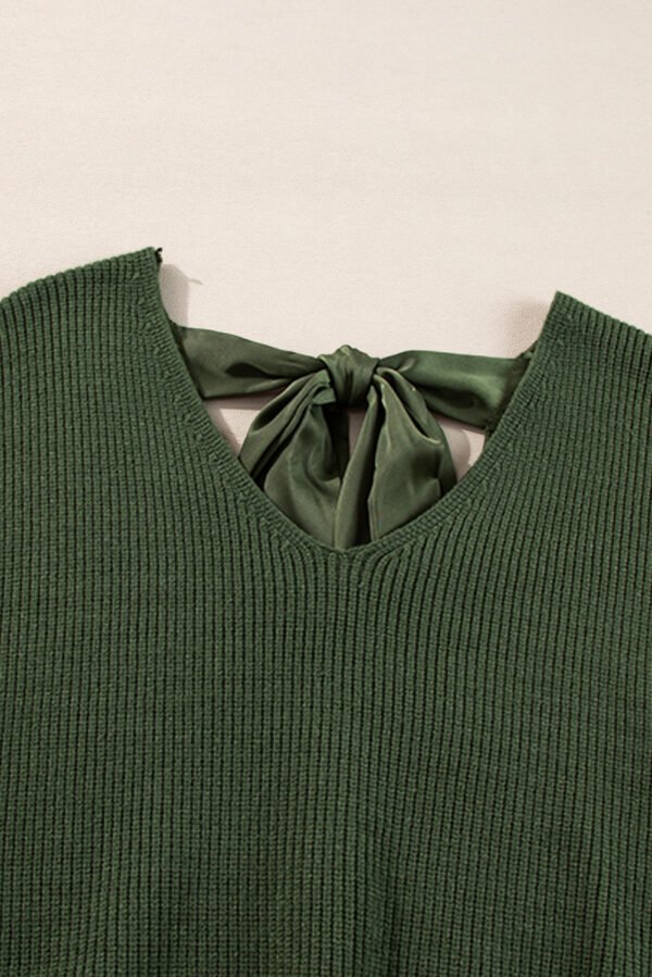 Jungle Green Lantern Sleeve V Neck Knot Back Sweater