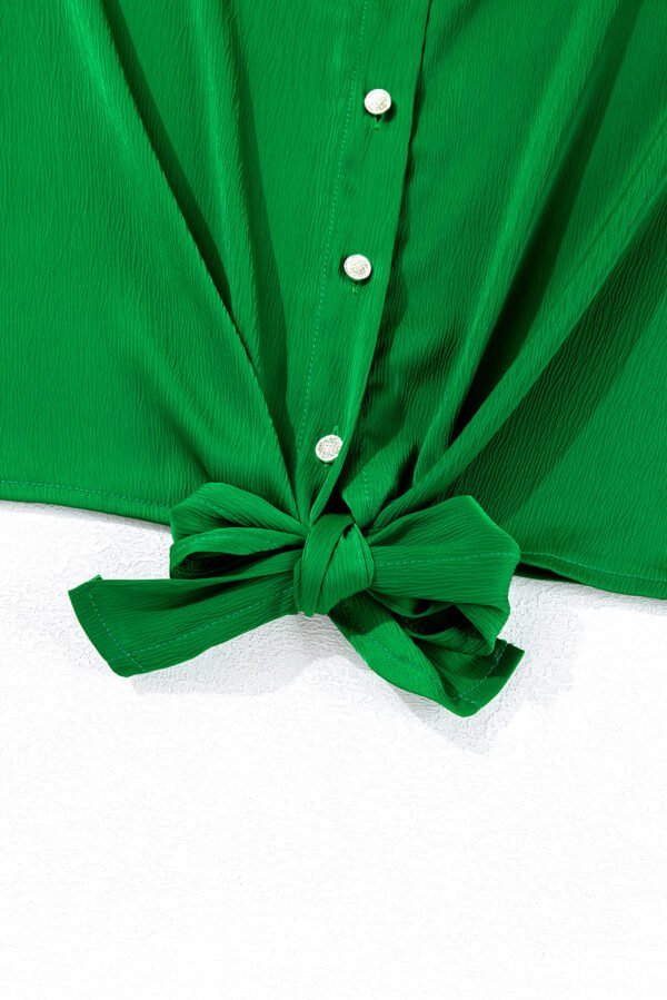 Dark Green Solid Color Flowy Balloon Sleeve Tie Front Buttoned Shirt