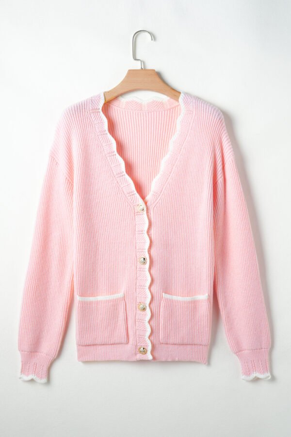 Pink Ribbed Knit Scalloped Edge Side Pockets Buttoned Cardigan