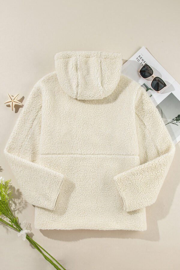 Beige Fleece Zip Up Drawstring Hooded Pocketed Jacket