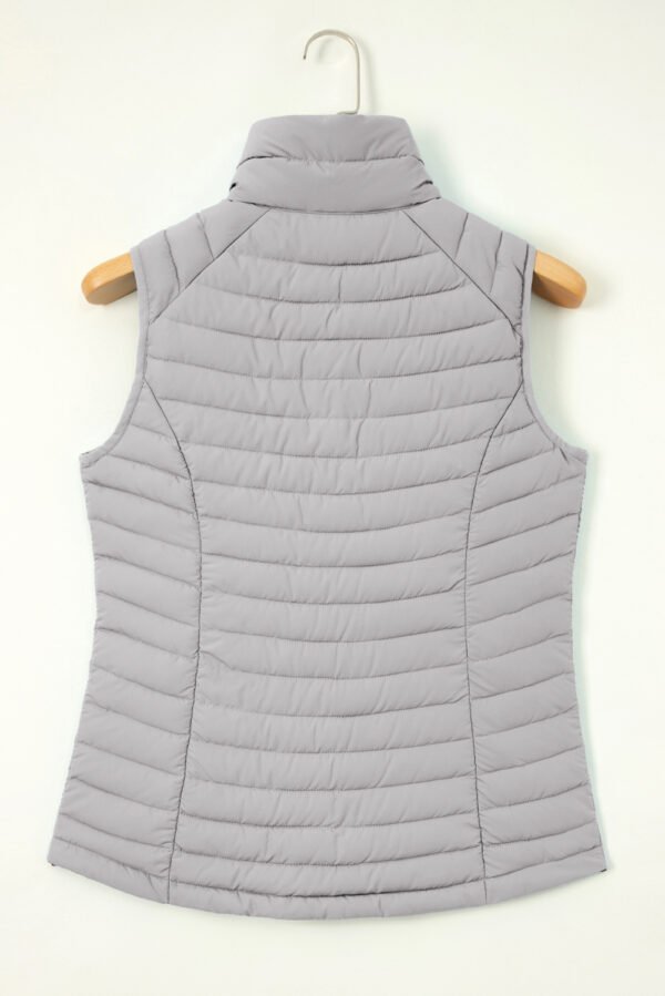 Silvery Plush Collared Quilted Zipped Puffer Vest