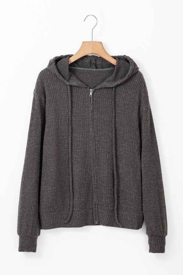 Dark Grey Ribbed Zip Up Front Drawstring Hoodie