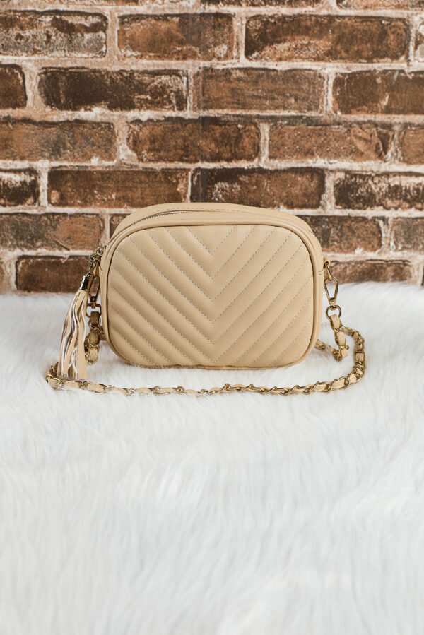 Oatmeal Chevron Stitch PU Leather Chain Strap Shoulder Bag