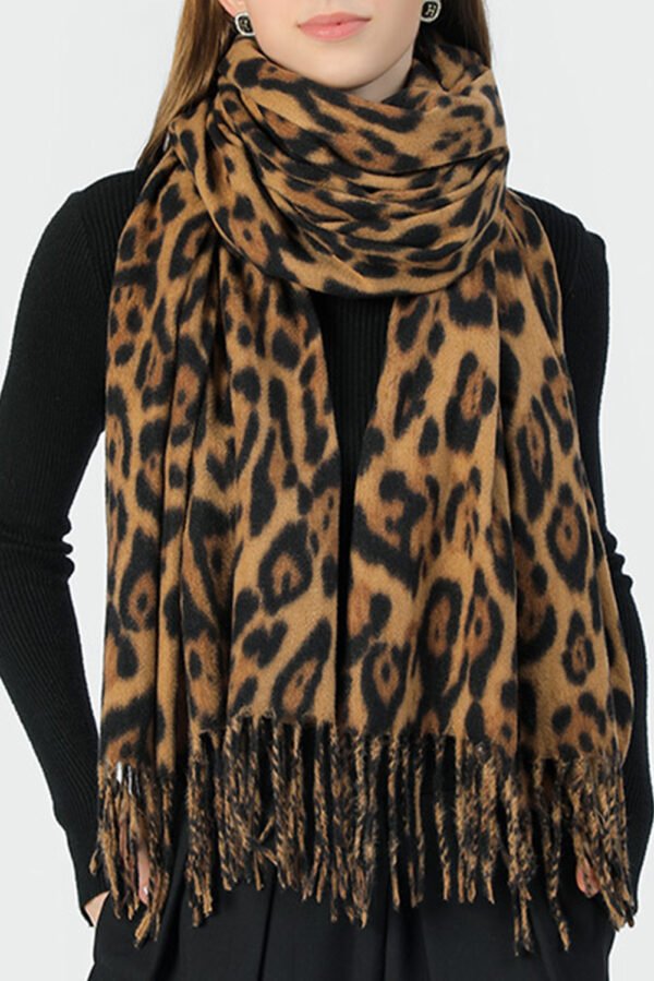 Coffee Leopard Print Fringed Warm Large Scarf