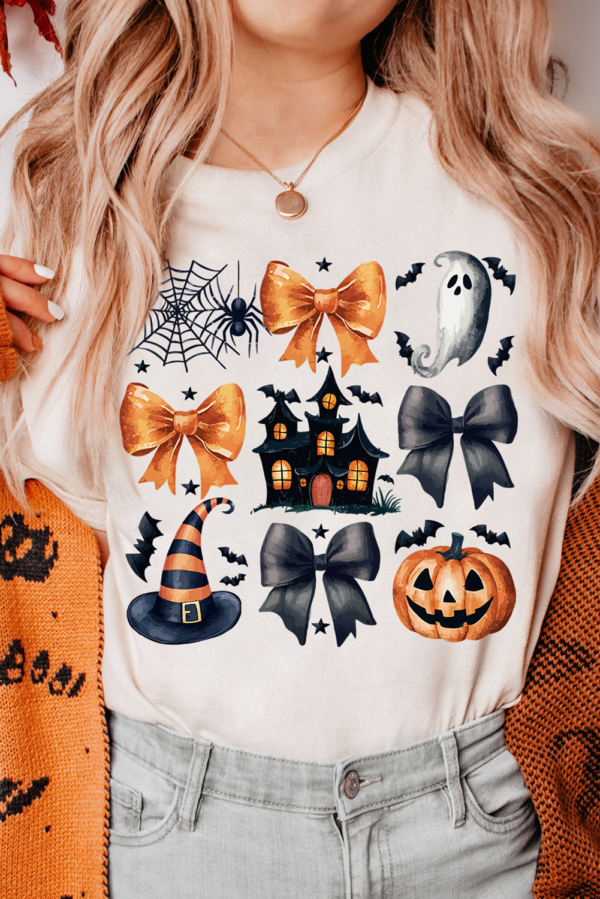 White Bowknot Pumpkin Ghost Halloween Print Round Neck T Shirt