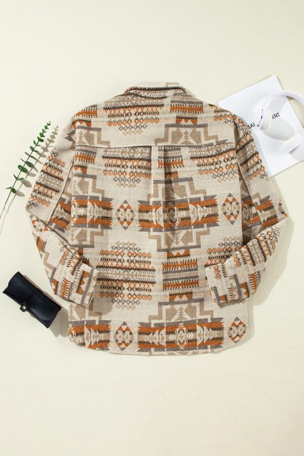 White Aztec Geometric Print Pockets Plus Size Jacket