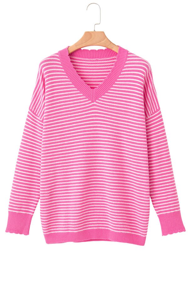 Pink Striped Scallop V Neck Loose Sweater with Slits