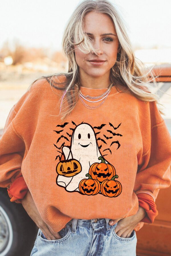 Orange Halloween Ghost Pumpkin Bat Print Corded Pullover Sweatshirt