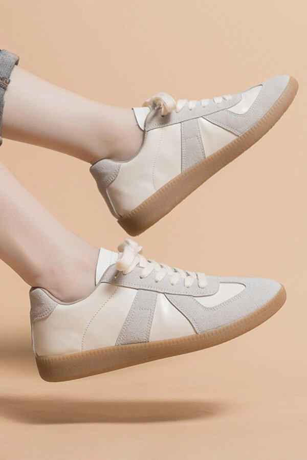 Beige PU Leather Suede Patched Lace-up Flat Shoes