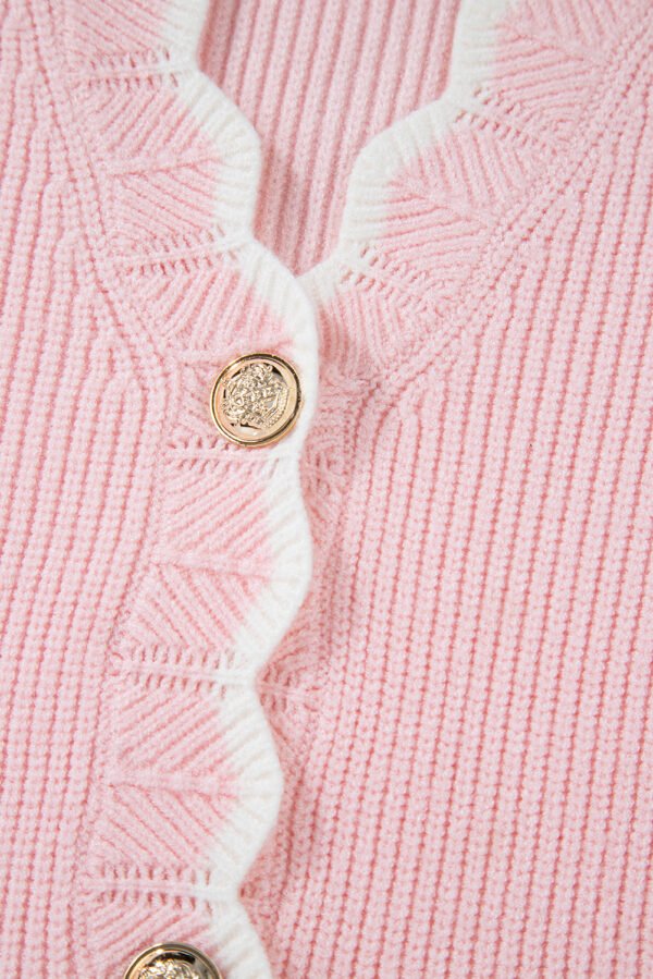 Pink Ribbed Knit Scalloped Edge Side Pockets Buttoned Cardigan