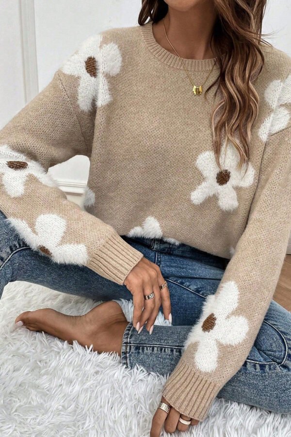 Parchment Flower Pattern Ribbed Trim Crew Neck Sweater