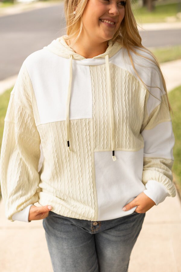 Beige Textured Patchwork Exposed Seam Plus Size Hoodie