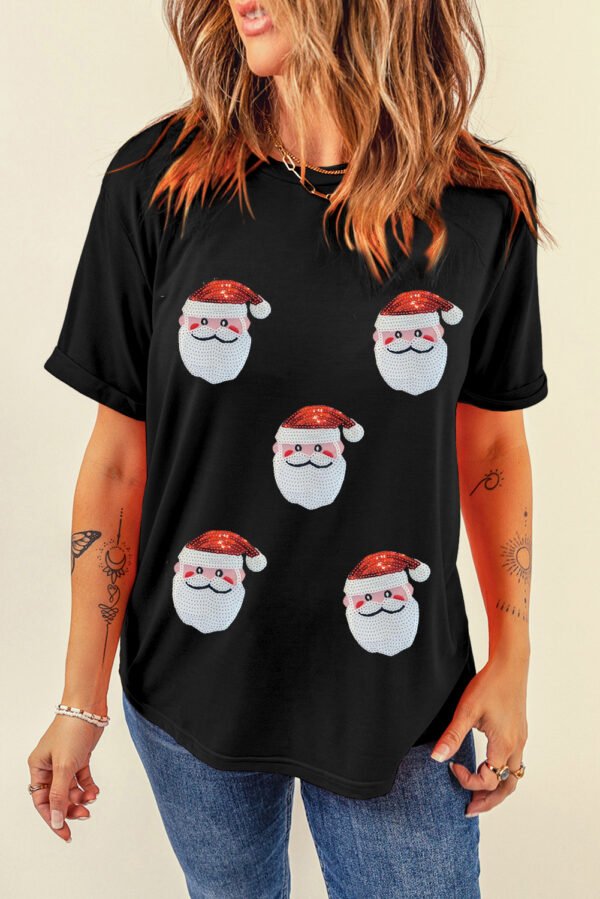 Black Sequin Christmas Claus Pattern Crewneck T Shirt