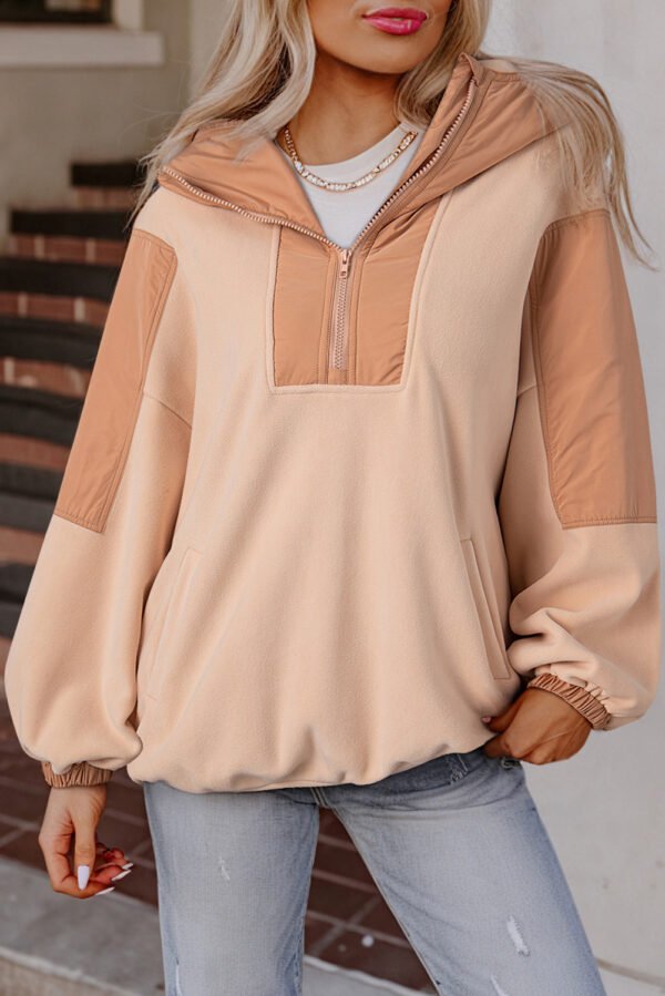 Light French Beige Colorblock Patchwork Half Zip Oversized Sherpa Hoodie