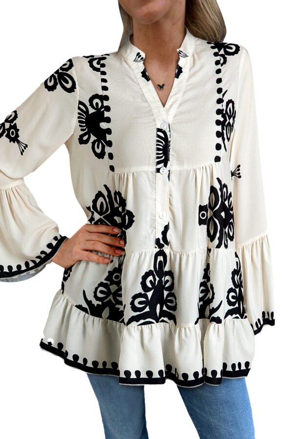 White Abstract Printed Bell Sleeve Buttoned Tiered Babydoll Blouse