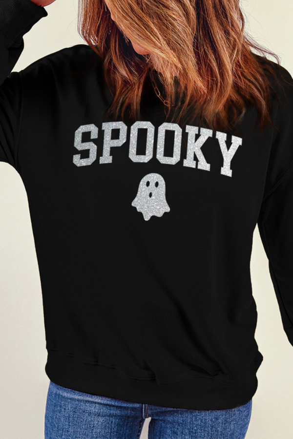 Black Glitter SPOOKY Ghost Pattern Crew Neck Halloween Sweatshirt