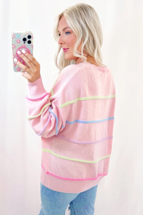 Pink Rainbow Stripes Drop Shoulder Baggy Henley Sweater