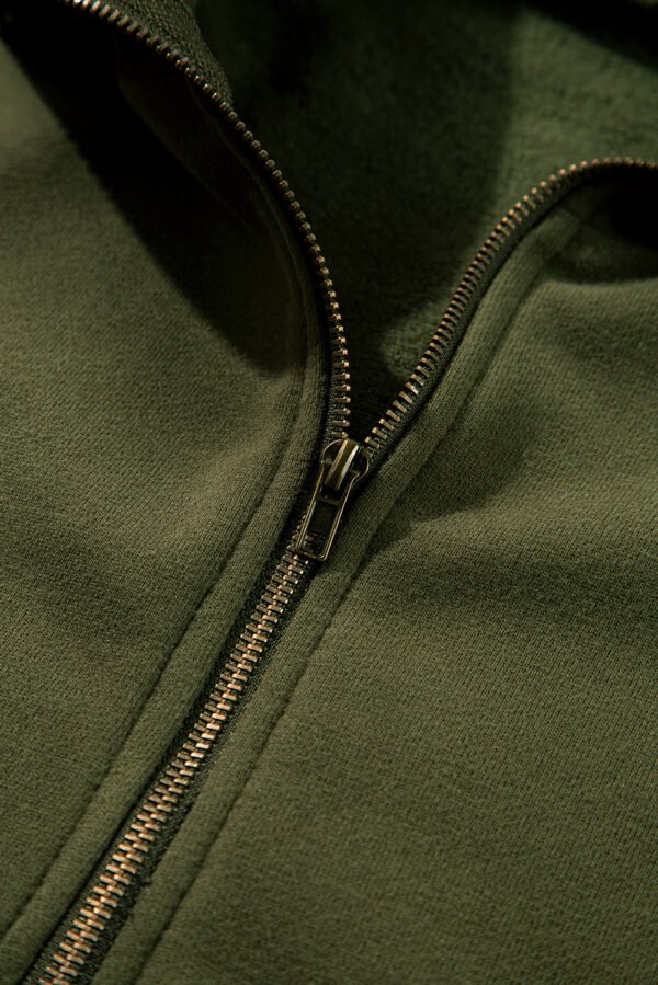 Moss Green Fleece Lined Half Zipper Kangaroo Pockets Loose Hoodie