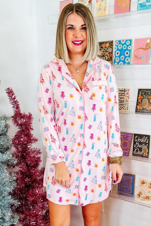 Pink Christmas Twinkle Tree Print Shirt Sleep Dress