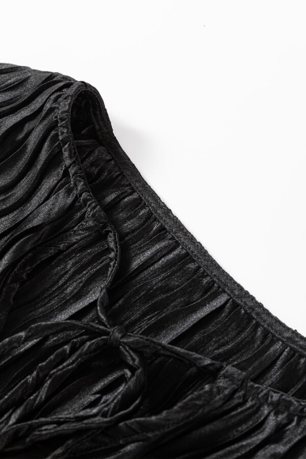 Black Textured Bubble Sleeve V Neck Loose Blouse