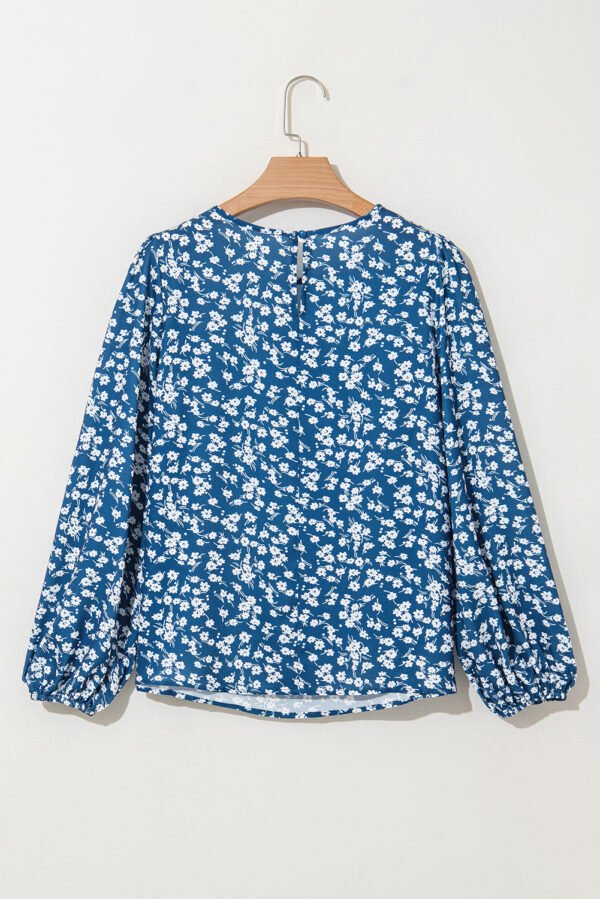 Blue Ditsy Floral Print Lantern Sleeve Blouse