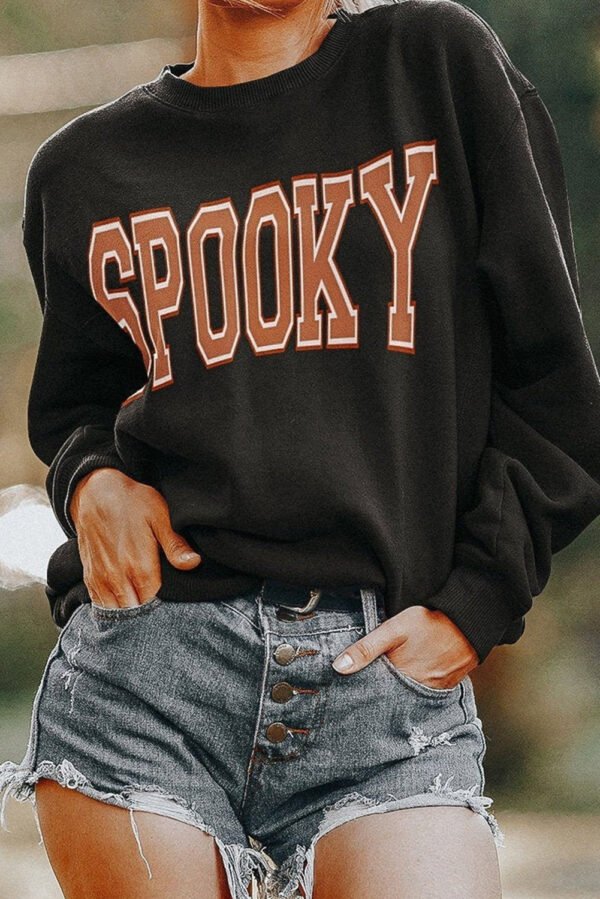 Black SPOOKY Graphic Drop Shoulder Halloween Pullover Sweatshirt