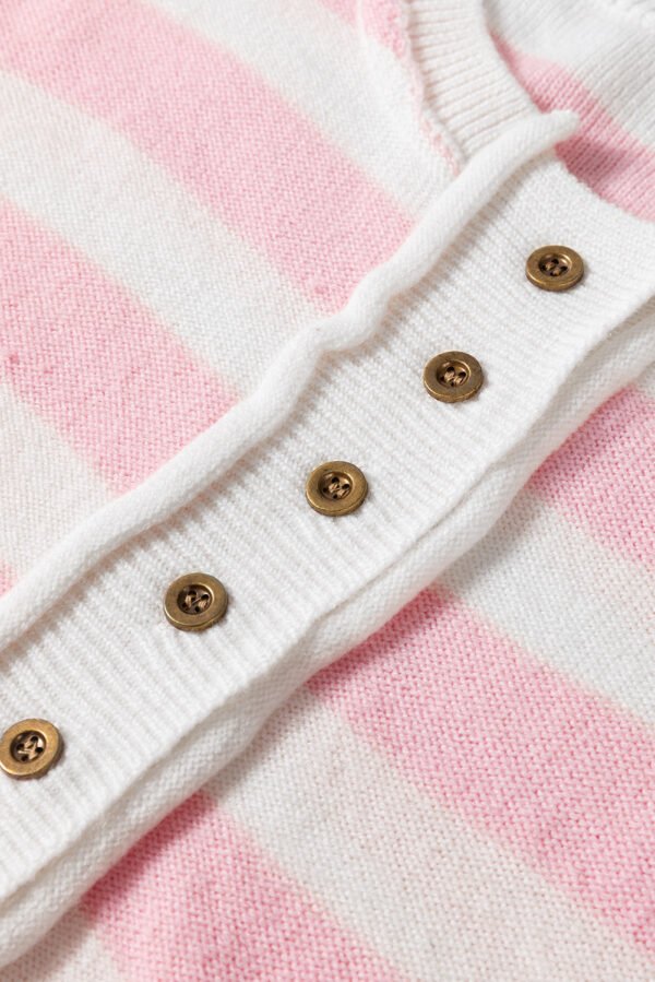 Pink Stripe Half Buttons Drop Shoulder Sweater