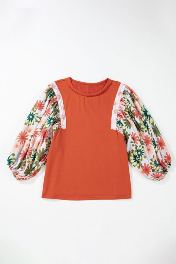Desert Gold Floral Puff Sleeve Patchwork Round Neck Blouse