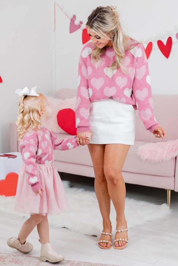 Pink Pearled Heart Print Valentines Crew Neck Sweater