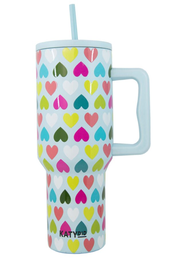 Beau Blue Heart Shape Print Handle Large Vacuum Cup 40oz