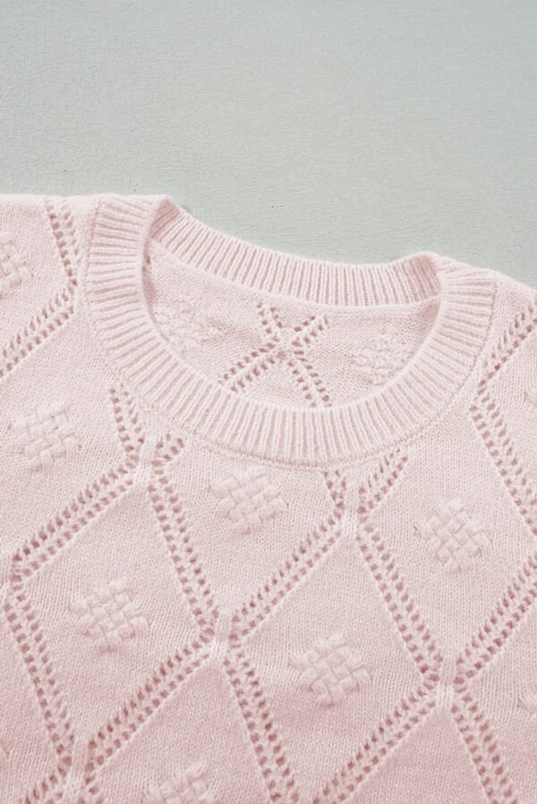 Gossamer Pink Openwork Plaid Puff Sleeve Cropped Sweater