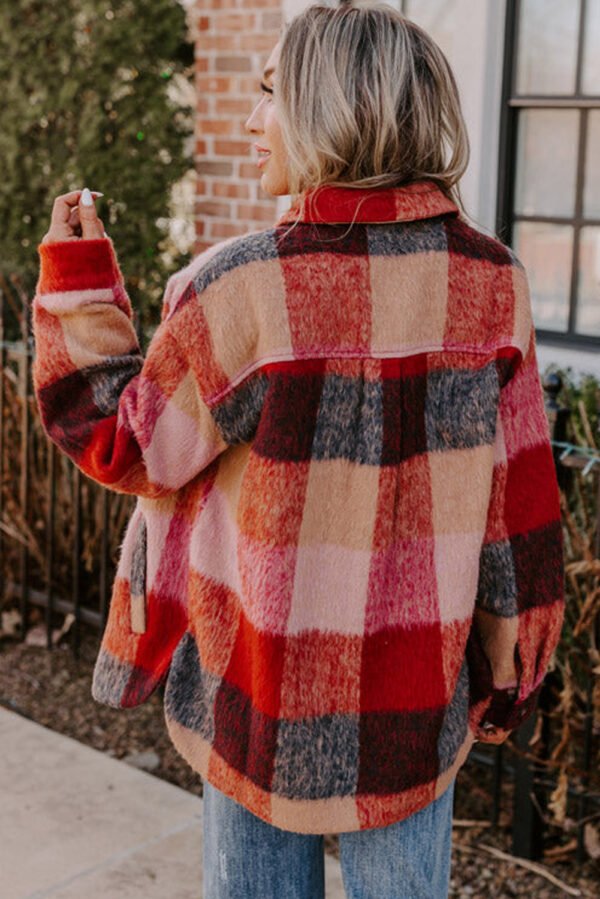 Orange Plaid Print Flap Pockets Buttoned Casual Plus Size Jacket