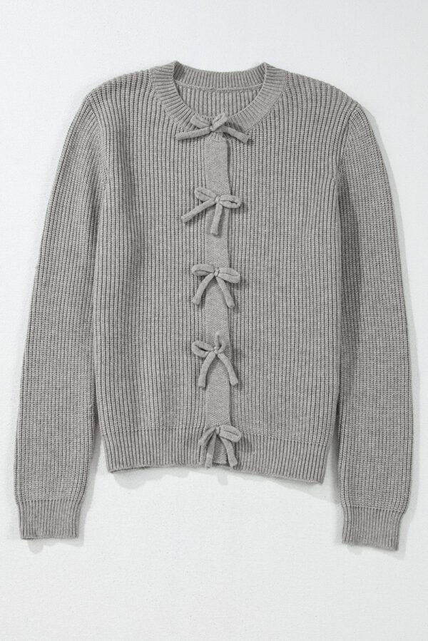 Philippine Gray Ribbed Knit Bow Front Buttoned Cardigan