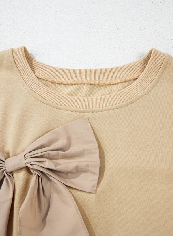 Parchment Ruffled Short Sleeve Bowknot Applique Crew Neck Plus Size Top